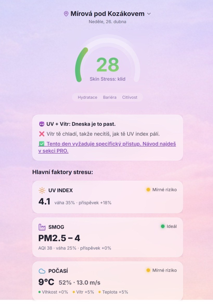Náhled aplikace Skin Weather: Skin Stress Index, faktory stresu pleti a předpověď